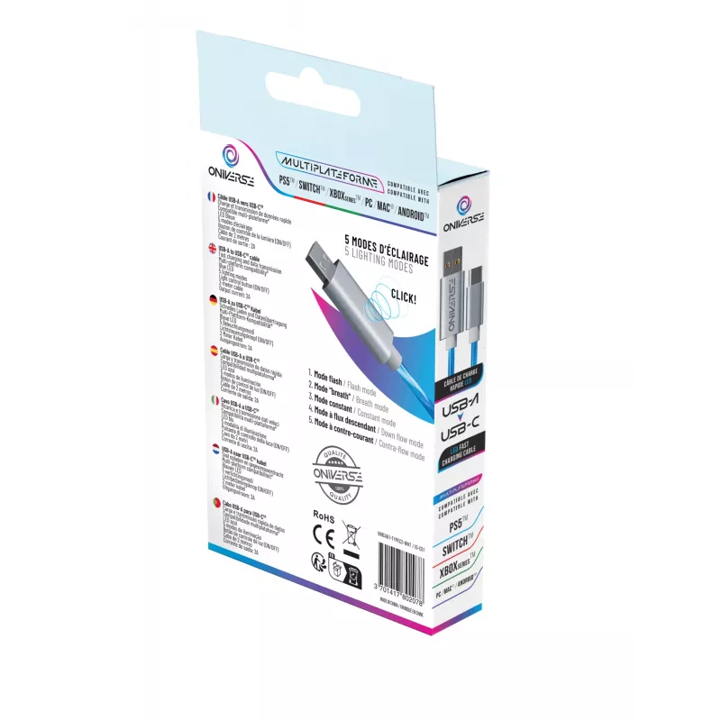 Oniverse USB-A - USB-C Quick Charge -kaapeli LED-valolla - 2 metriä - valkoinen (Multiplatform)