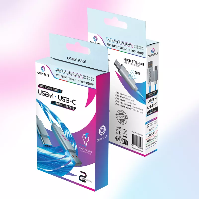Oniverse USB-A - USB-C Quick Charge -kaapeli LED-valolla - 2 metriä - valkoinen (Multiplatform)