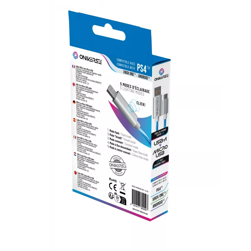 Oniverse Micro-USB-latauskaapeli LED-valolla – 2 metriä – valkoinen (Multiplatform)
