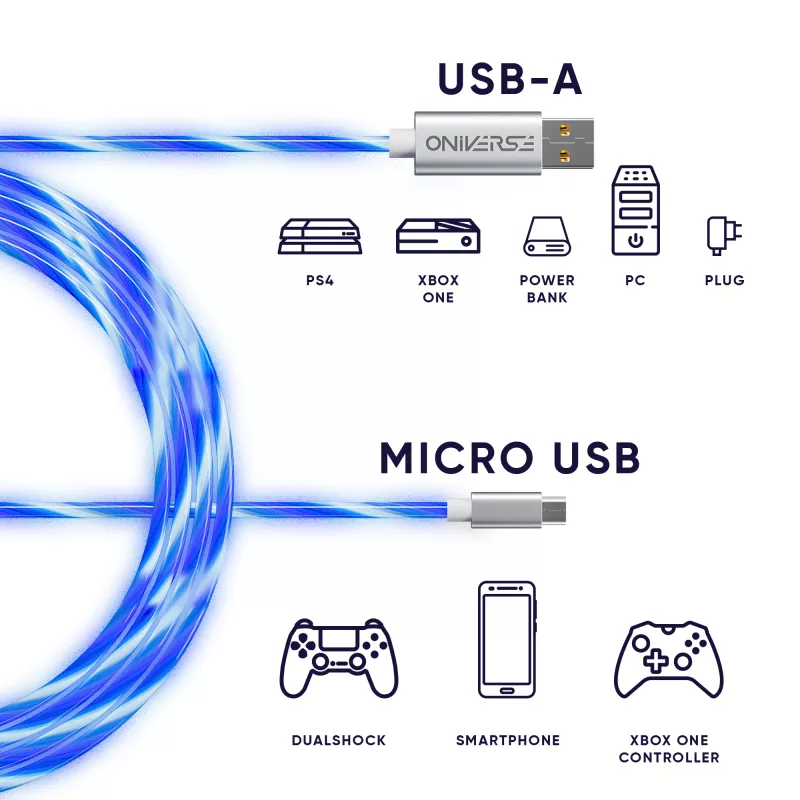 Oniverse Micro-USB-latauskaapeli LED-valolla – 2 metriä – valkoinen (Multiplatform)