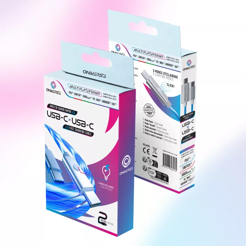 Oniverse USB-C - USB-C -pikalatauskaapeli – 2 metriä – LED (Multiplatform)
