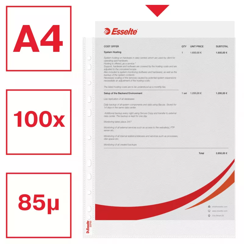 Esselte muovitasku A4 75 my, kirkas, 100 kpl