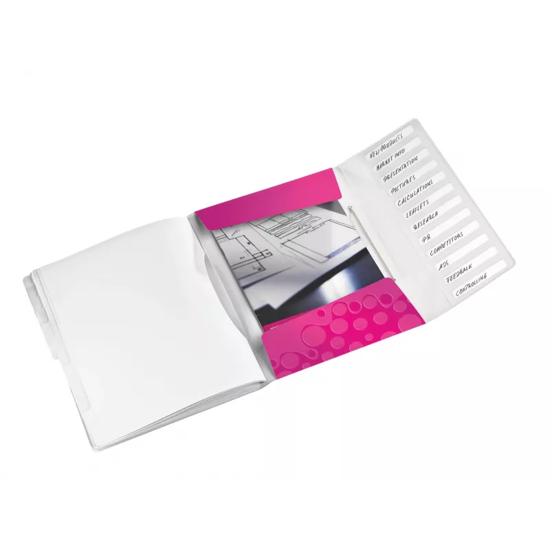 Leitz WOW PP -välilehtikirja, 12 välilehteä, A4, polypropeeni (PP), metalli, pinkki, 200 arkkia, 265 mm, 17 mm