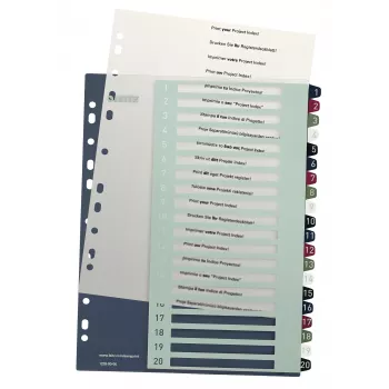 Leitz Index PC Printable 1-20 Style PP A4+, numeerinen välilehtirekisteri, polypropeeni (PP), monivärinen, pysty, A4 Maxi, 245 mm