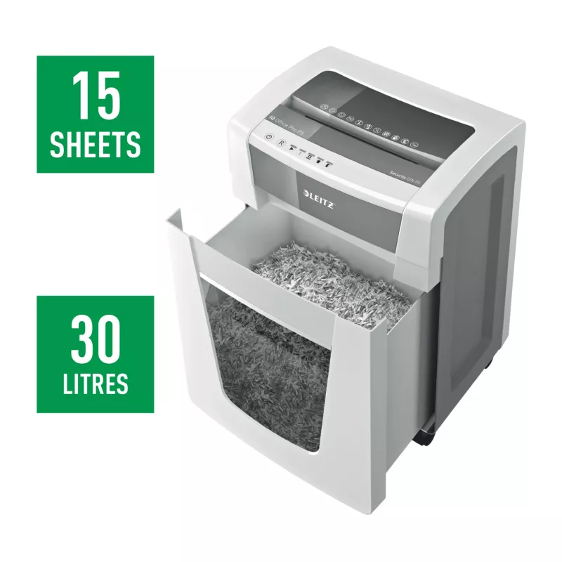 Leitz IQ Office Pro silppuri P5, mikrosilppu, 23 cm, 2 x 15 mm, 30 l, 300 arkkia, 55 dB
