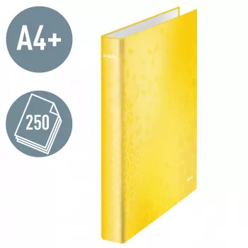 Leitz rengaskansio WOW laminoitu A4+ 2DR/25 mm, A4+, D-rengas, kartonki, keltainen, 250 arkkia, 80 g/m²