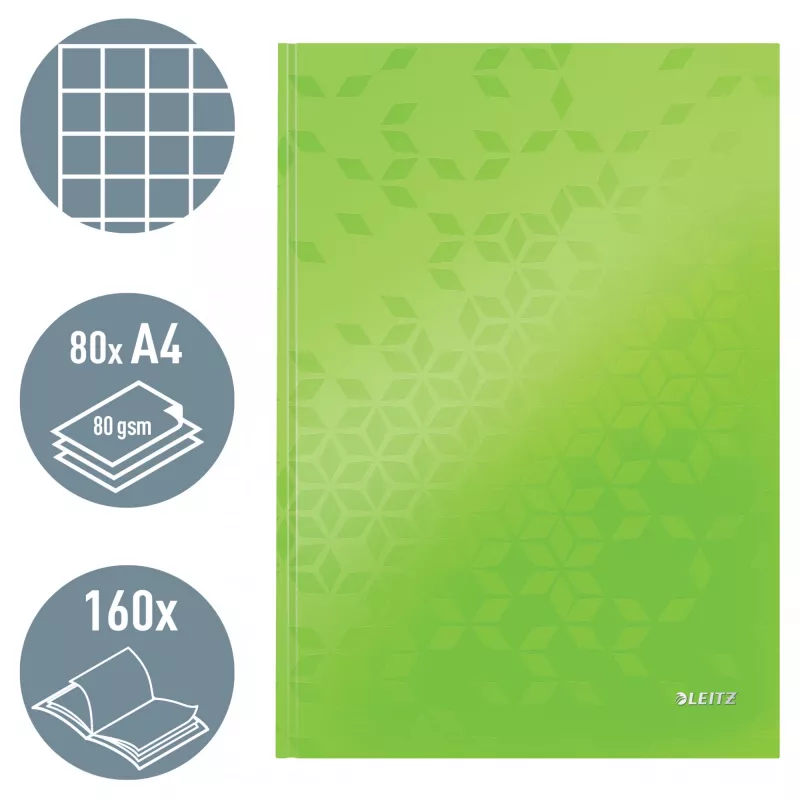 Leitz Notebook WOW A4 ruudullinen kovakantinen 90 g/m², 80 arkkia, kuvio, vihreä, A4, 80 arkkia, 80 g/m², ruudullinen paperi