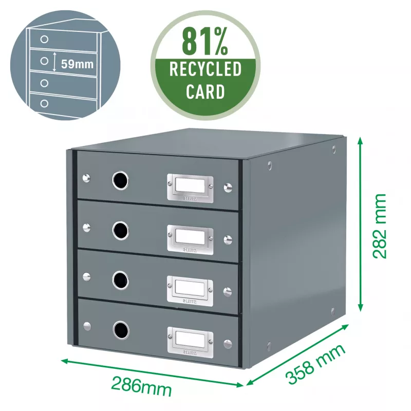 Leitz Click & Store WOW laatikosto (4 laatikkoa), vihreä, kartonki, 286 mm, 356 mm, 282 mm
