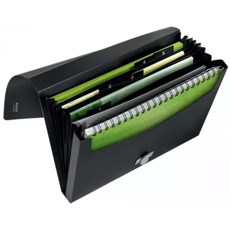 Leitz Recycle -laajennettava harmonikkakansio, allekirjoituskansio, A4, polypropeeni (PP), musta, kiiltävä, 250 arkkia
