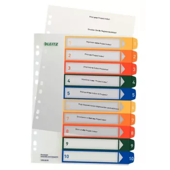 LEITZ muovirekisteri, numerot, A4 erittäin leveä, 1-10, PC-kirjoitettava, läpinäkyvä värillisillä välilehdillä, PP, 10-osainen (1293-00-00)