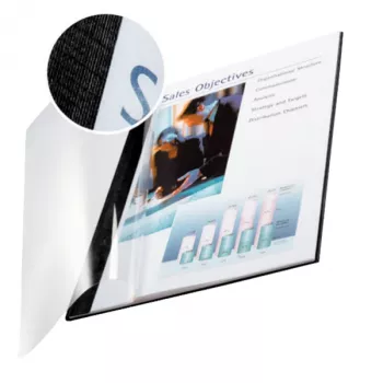 Leitz impressBIND kansilehti Soft 10,5 mm, A4, kartonki, polyeteenitereftalaatti (PET), musta, läpinäkyvä, 105 arkkia, 1,05 cm, 214 mm