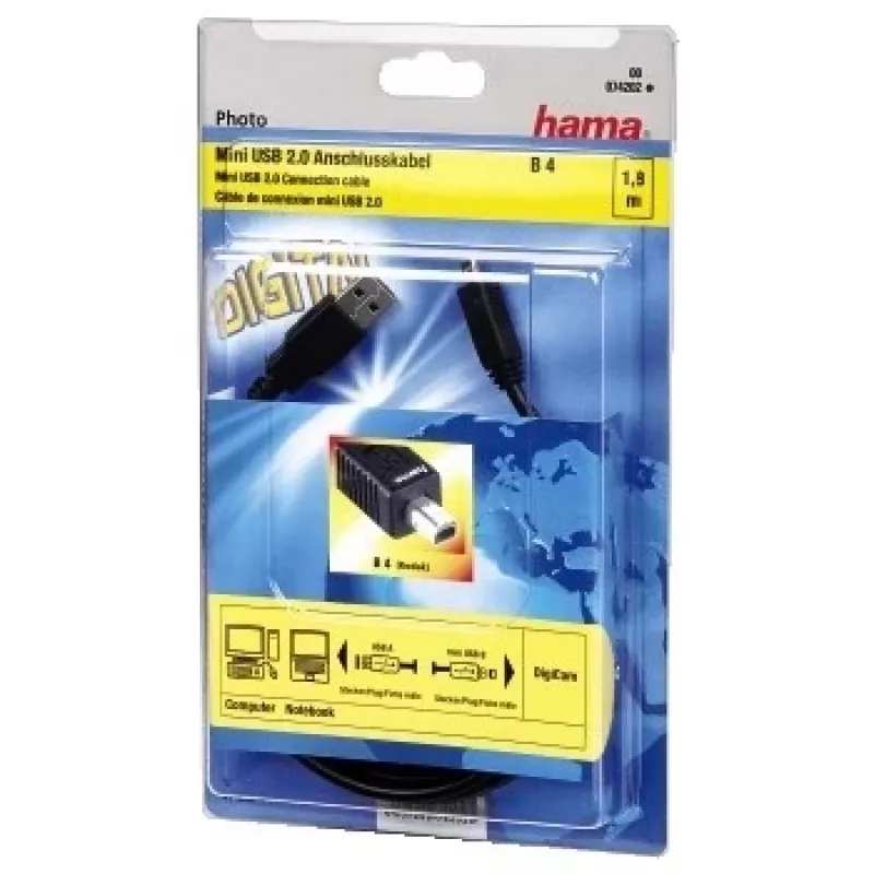 Hama USB 2.0 -kaapeli USB-A-uros - Mini-USB-B-uros (B4), 1,8 m USB-kaapeli USB A Mini-USB B musta