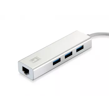 LevelOne Gigabit USB -verkkosovitin, USB-keskitin, langallinen, USB, Ethernet, 1000 Mbit/s, hopea, valkoinen