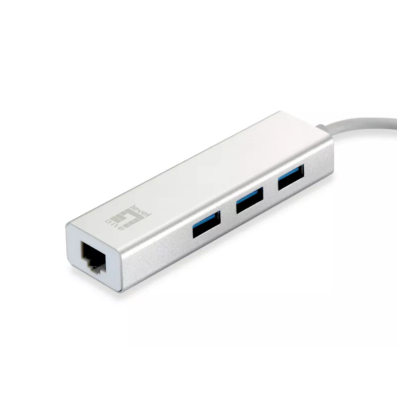 LevelOne Gigabit USB -verkkosovitin, USB-keskitin, langallinen, USB, Ethernet, 1000 Mbit/s, hopea, valkoinen