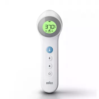Digitaalinen otsalämpömittari BRAUN BNT400 — etämittaus, alue 34–43 °C, tarkkuus 0,1 °C, valkoinen