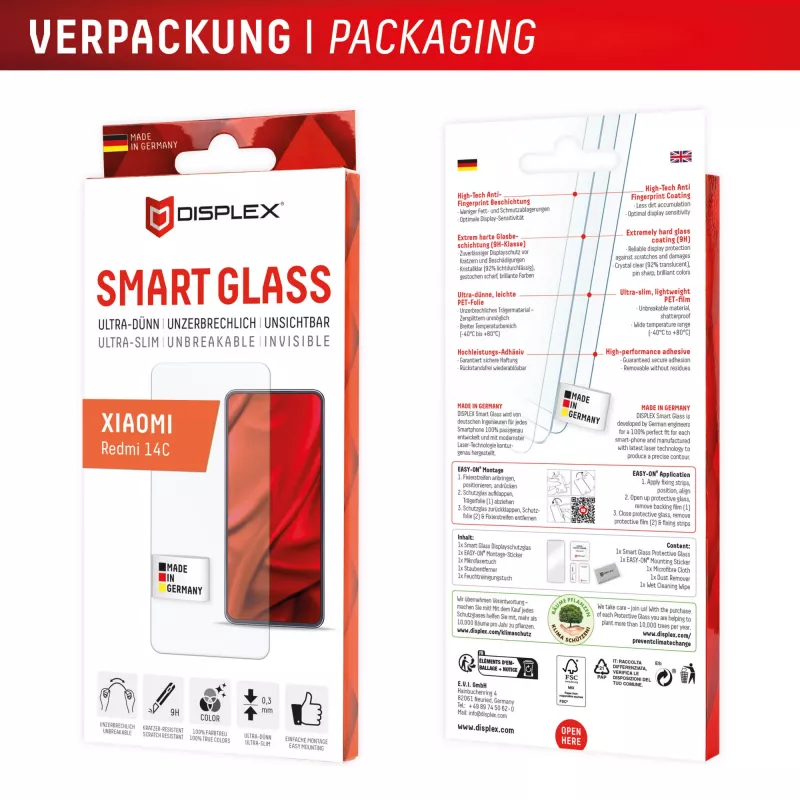 Displex Smart Glass (9H) Xiaomi Redmi 14C -puhelimeen, asennustarrat, särkymätön