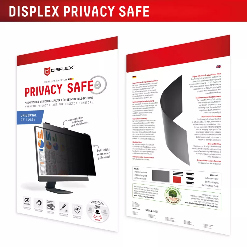 Displex PRIVACY SAFE irrotettava 2-suuntainen katsekulmasuoja pöytänäytölle 27