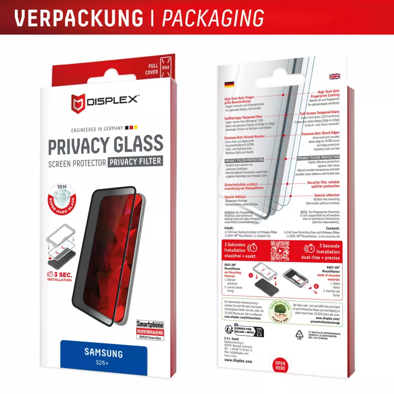 Displex Privacy -näytönsuojakalvo (10H) Samsung S26+:lle, tietosuojasuodatin