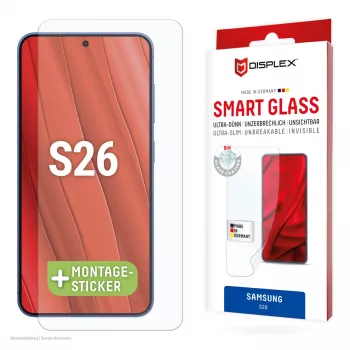 Displex Smart Glass (9H) Samsung S26:lle, särkymätön, Samsung, Galaxy S26, kuiva-asennus, murtumaton, likaa hylkivä, naarmuuntumaton, läpinäkyvä, 1 kpl
