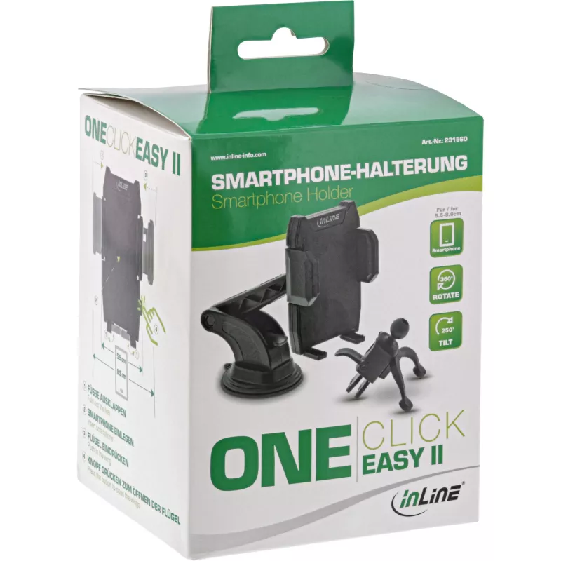 InLine ONE CLICK EASY II autoteline älypuhelimelle — yleinen passiivinen teline, musta