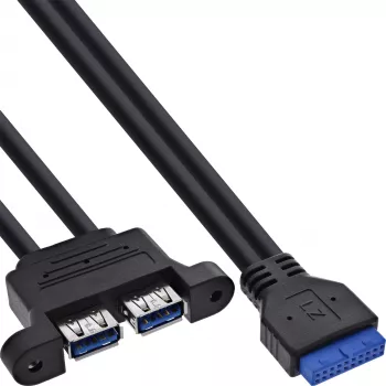 InLine 33390K sisäinen USB 3.2 Gen 1 -kaapeli, emolevystä 2x USB-A -liittimeen, 0,45 m