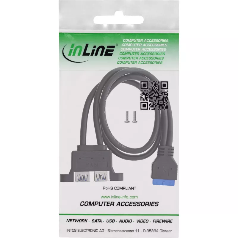 InLine 33390K sisäinen USB 3.2 Gen 1 -kaapeli, emolevystä 2x USB-A -liittimeen, 0,45 m