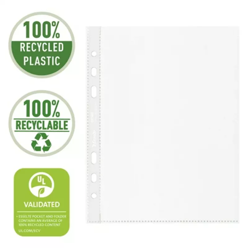 Esselte Recycle Pocket A5, 150 x 210 mm (A5), läpinäkyvä, polypropeeni (PP), vaaka-/pystyasento, yläpuoli, 0,07 mm