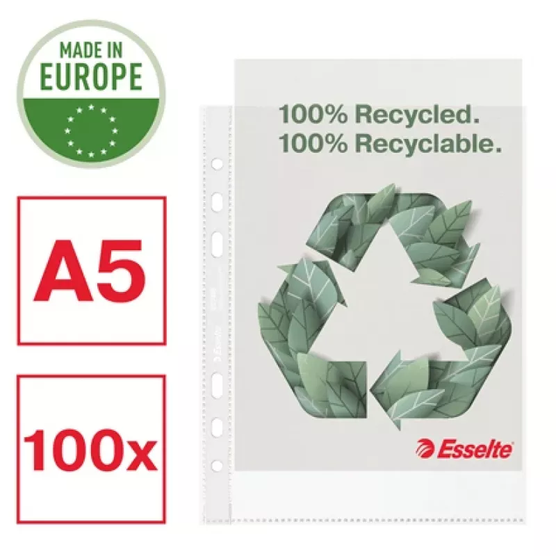 Esselte Recycle Pocket A5, 150 x 210 mm (A5), läpinäkyvä, polypropeeni (PP), vaaka-/pystyasento, yläpuoli, 0,07 mm