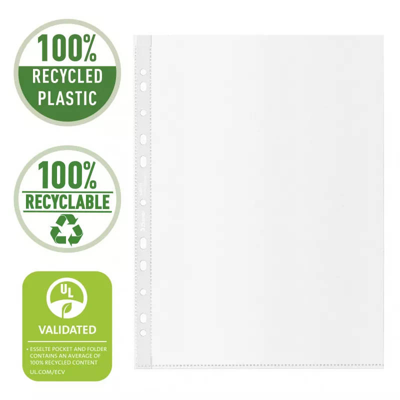 Esselte Recycle Pocket A4, 210 x 297 mm (A4), läpinäkyvä, polypropeeni (PP), pystyasento, yläpuoli, 0,07 mm