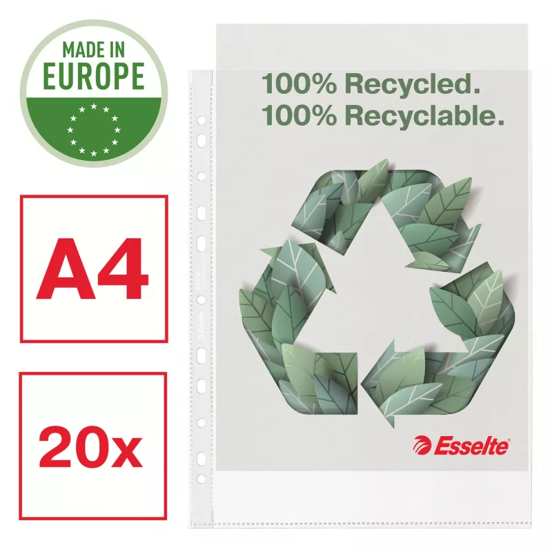 Esselte Recycle Pocket A4, 210 x 297 mm (A4), läpinäkyvä, polypropeeni (PP), pystyasento, yläpuoli, 0,07 mm