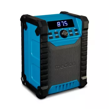 MEDION LIFE E65895 (MD 43895) kannettava digitaaliradio — PLL-viritin, 10 W RMS, LCD, Bluetooth 10 m, IP54, ulkoinen antenni, musta/sininen