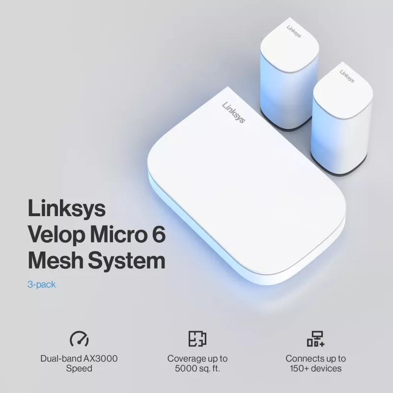 Linksys Velop Micro 6 Mesh -järjestelmä – Dual-Band WiFi 6 AX3000 (3 kpl:n pakkaus)