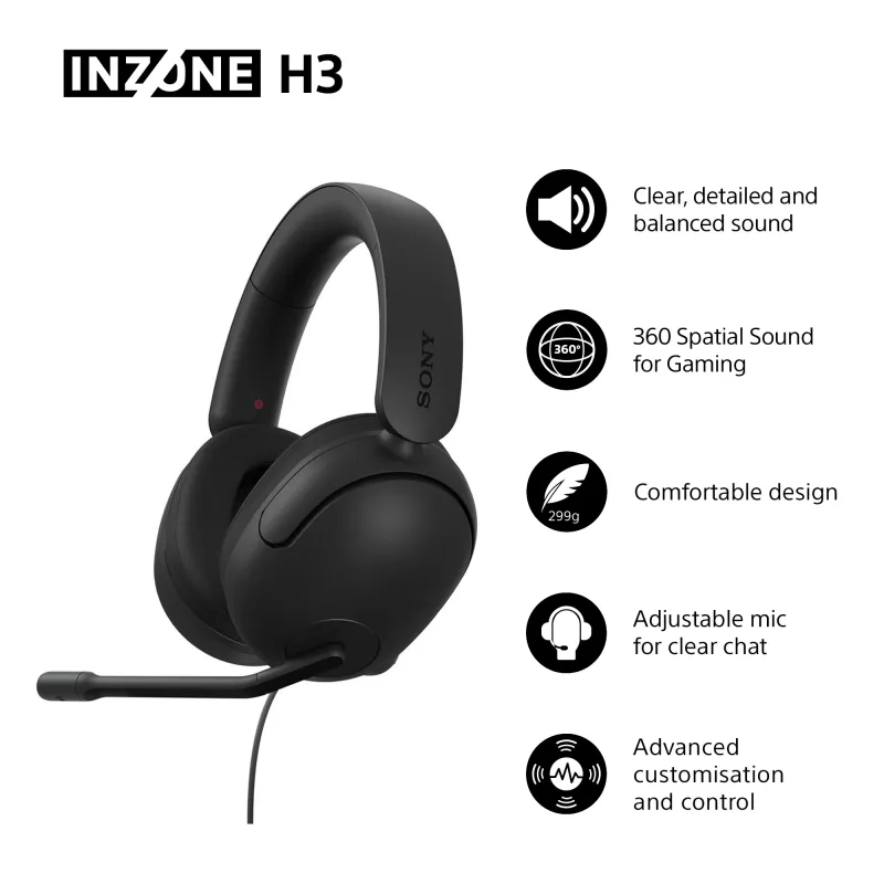 Langalliset over-ear-kuulokkeet Sony INZONE H3 – musta, malli MDRG300B.CE7