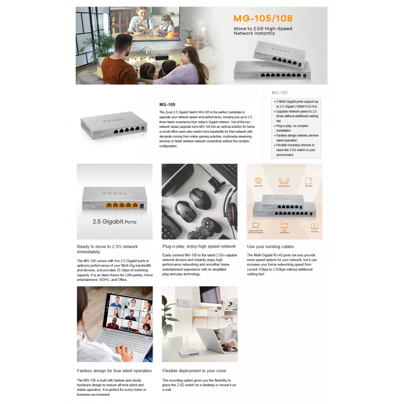 Zyxel MG-105 hallitsematon 2.5G Ethernet (100/1000/2500) teräs