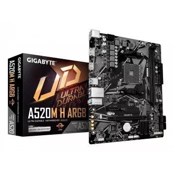 GIGABYTE A520M H ARGB emolevy - tukee AMD Ryzen 5000 -sarjan suorittimia, jopa 5100MHz DDR4 (OC), PCIe 3.0 x4 M.2, 1 GbE LAN, USB 3.2 Gen 1