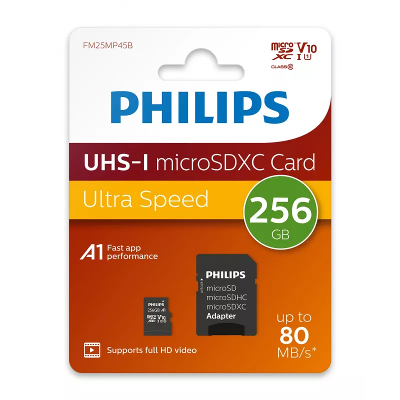 Philips FM25MP45B/00 microSDXC-kortti, 256 GB, Class 10, UHS-I U1, sis. sovittimen