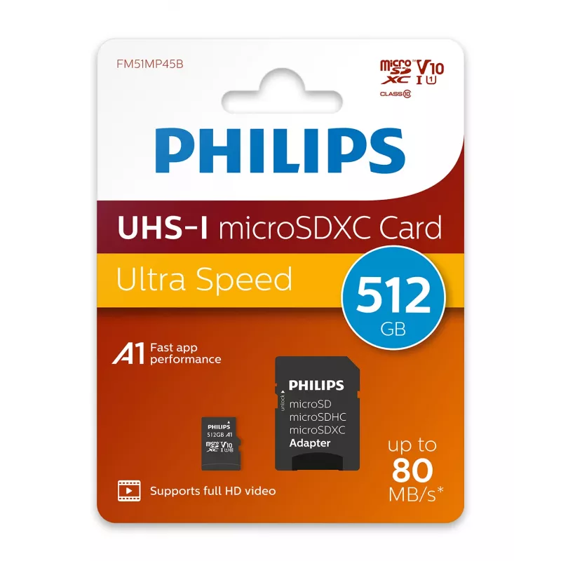 Philips FM51MP45B/00 microSDXC-kortti, 512 GB, Class 10, UHS-I U1, sis. sovittimen