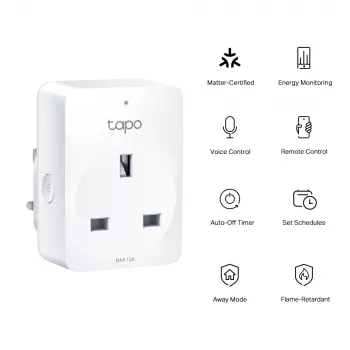 Älypistorasia TP-Link Tapo Mini P110M – Wi‑Fi/Bluetooth älykäs sisäpistorasia, 16 A, 100–240 V, 3680 W, valkoinen
