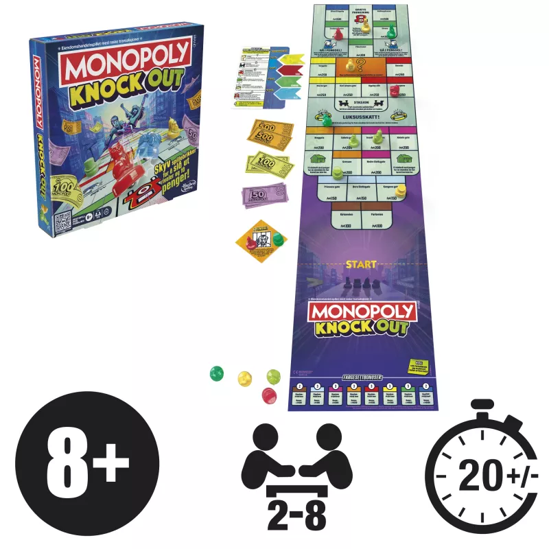 Monopoly Knockout perhepeli, nopea lautapeli 8+ vuotta, 2–8 pelaajaa, 20 min