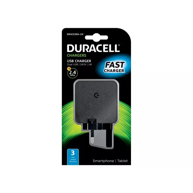 Duracell 2x2,4A USB puhelimen/tabletin laturi, sisäkäyttöön, AC, 5 V, musta