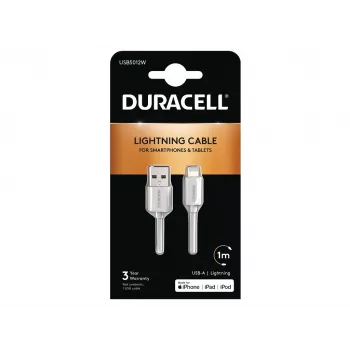 Duracell Sync/Charge -kaapeli 1 Metre White, 1 m, USB A, Lightning, 2.0, valkoinen