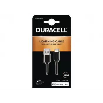 Duracell Sync-/latauskaapeli 2 Metre musta, 2 m, USB A, Lightning, 2.0, musta