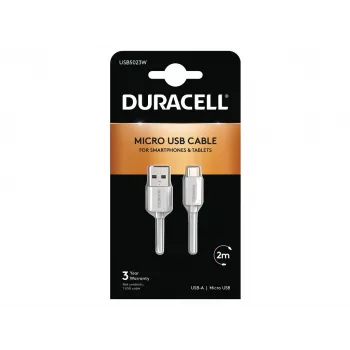 Duracell Sync-/latauskaapeli 2 Metre valkoinen, 2 m, USB A, Micro-USB A, 2.0, valkoinen