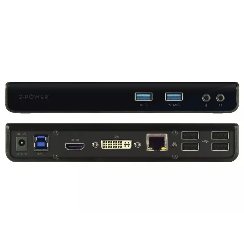2-Power USB 3.0 Dual Display telakointiasema, telakointi, 3,5 mm, USB Type-A, USB Type-B, 10,100,1000 Mbit/s, musta, 5 Gbit/s