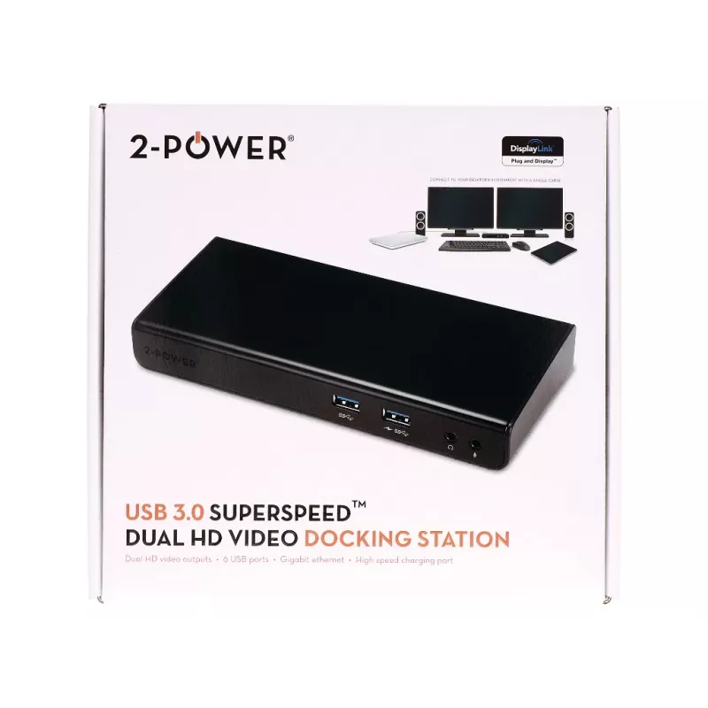 2-Power USB 3.0 Dual Display telakointiasema, telakointi, 3,5 mm, USB Type-A, USB Type-B, 10,100,1000 Mbit/s, musta, 5 Gbit/s