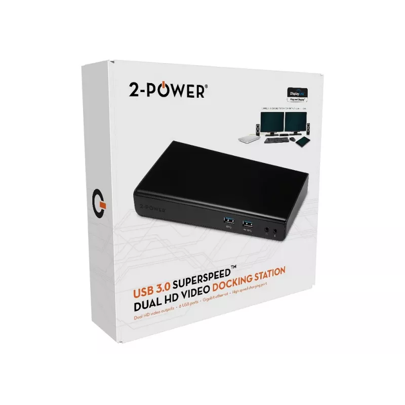 2-Power USB 3.0 Dual Display telakointiasema, telakointi, 3,5 mm, USB Type-A, USB Type-B, 10,100,1000 Mbit/s, musta, 5 Gbit/s