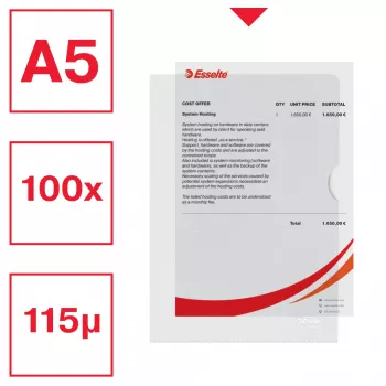 Esselte Premium A5-kansio, projekti-kansio, A5, polypropeeni (PP), läpinäkyvä, pysty, 40 arkkia