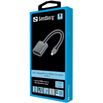 Sandberg sovitin MiniDP1.4>HDMI2.0 4K60, Mini DisplayPort, HDMI Type-A (standardi), uros, naaras, 3840 x 2160 pikseliä, 6 Gbit/s