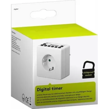 Älypistorasia MicroConnect GRUTIMER3 — sisäkäyttöön tarkoitettu ajastin LCD-näytöllä, 110×81×78 mm, valkoinen