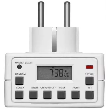 Älypistorasia MicroConnect GRUTIMER3 — sisäkäyttöön tarkoitettu ajastin LCD-näytöllä, 110×81×78 mm, valkoinen
